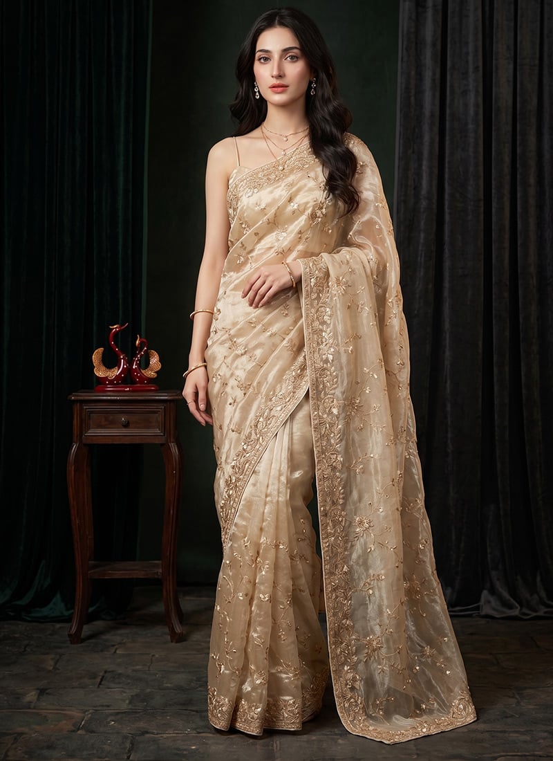 Golden Crushed Silk Zari Sequins Floral Embroidered Saree Wedding Wear