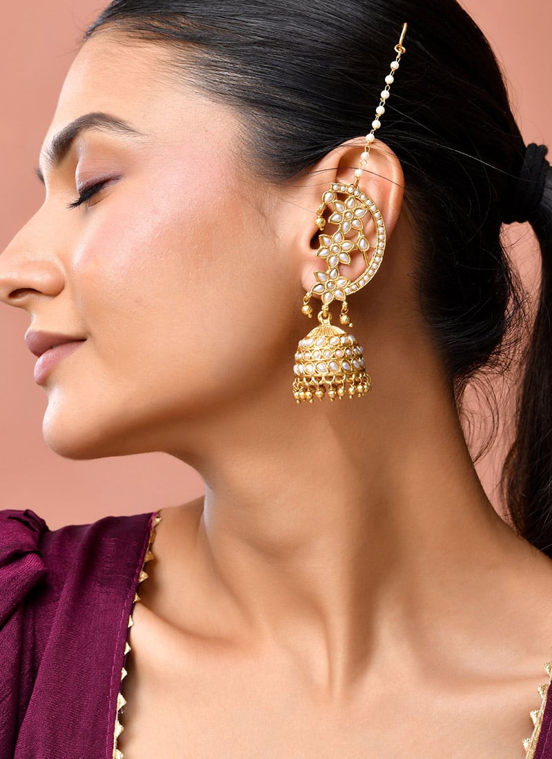 Golden Designer Kundna Beads Jhumka Festive Wear