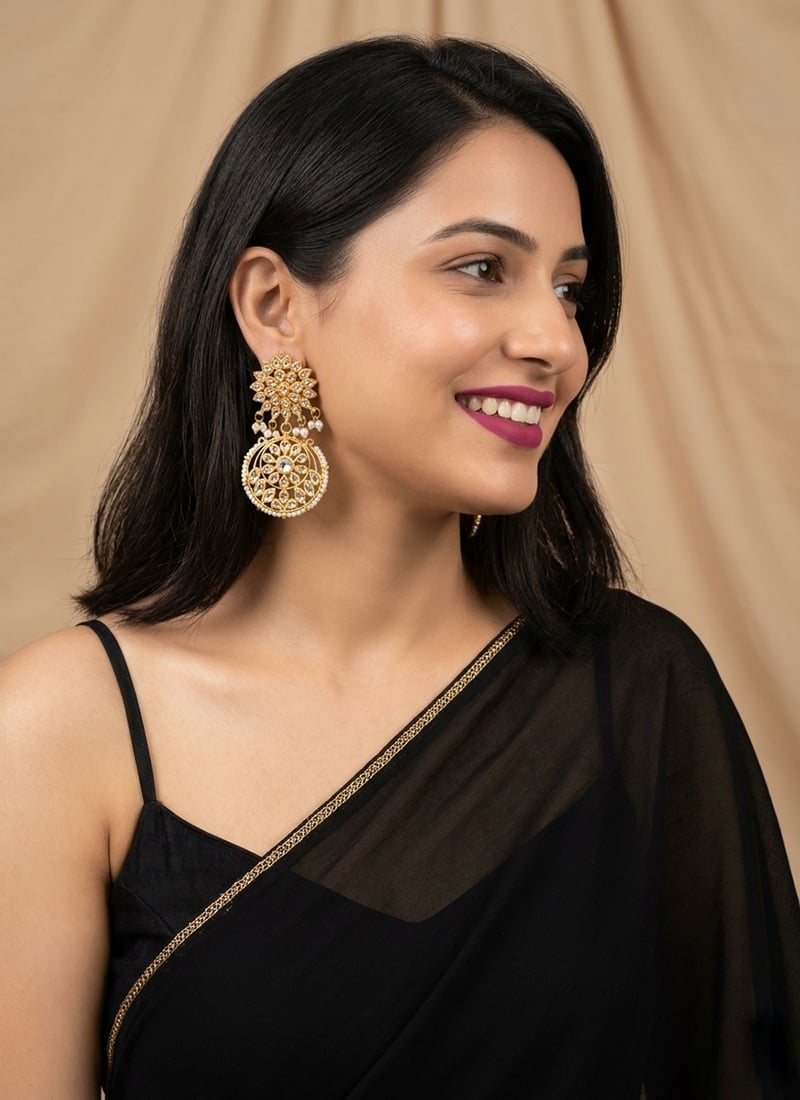 Golden Double Floral Kundan Pearl Chandbali Danglers After Six Wear