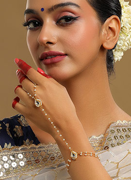 Golden Dual Layered Beads And  Kundan Haath Pool