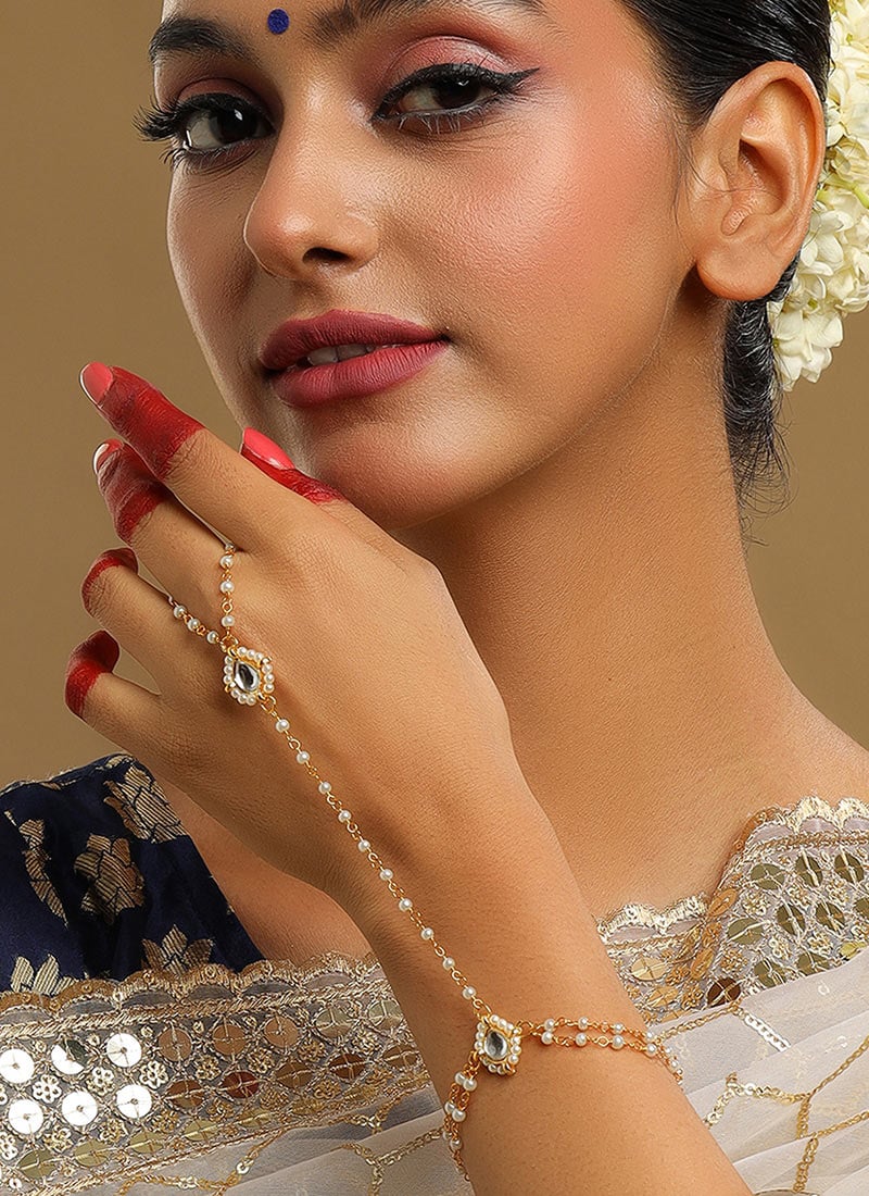 Golden Dual Layered Beads And Kundan Haath Pool Festive Wear