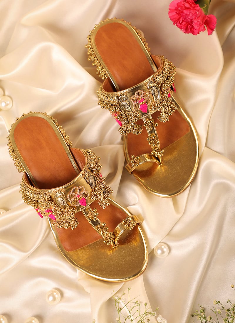 Golden Embroidered Ghungroo Work Faux Leather Kolapuris