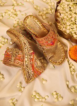 Golden Embroidered Gota Work Ghungroo Hanging Faux Leather Heels