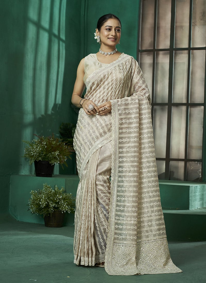 Golden Faux Georgette Embroidered Sequins And Stone Work Saree
