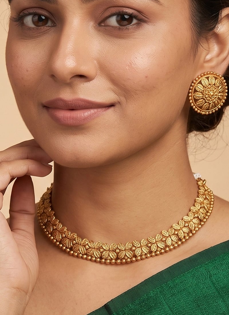 Golden Floral Choker Necklace Set Festive Wear