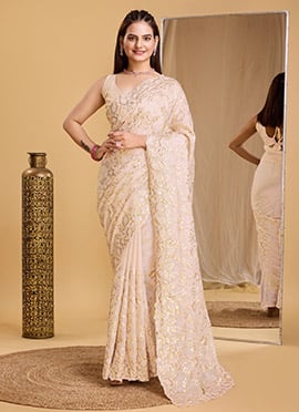 Golden Floral Embroidered Sequins Peach Organza Saree