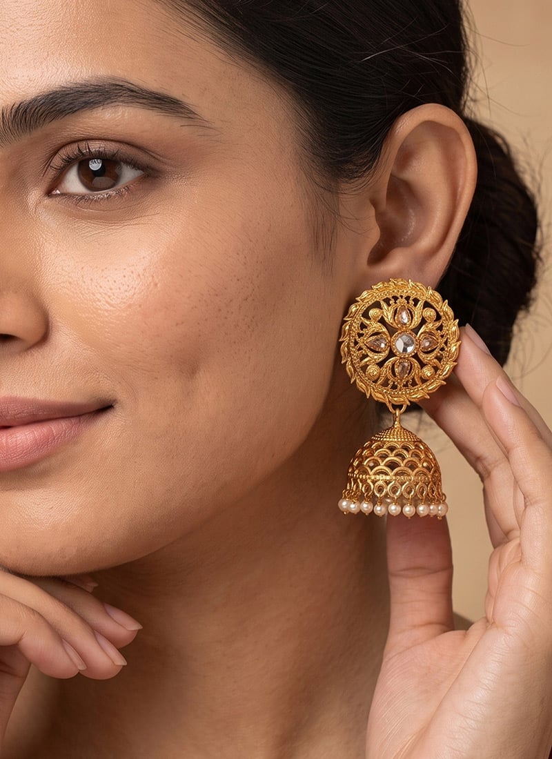 Golden Floral Stone Pearl Jhumka Earrings After Six Wear