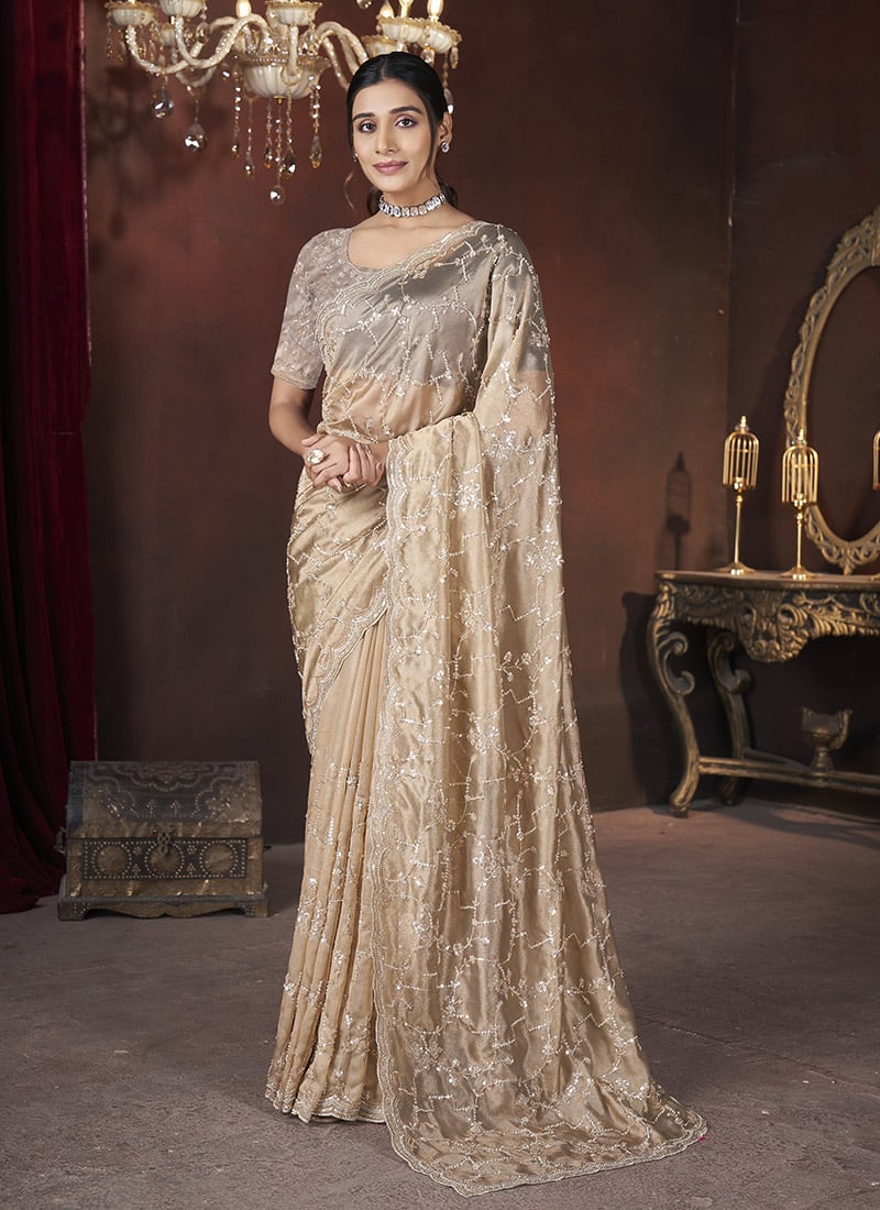 Golden Glimmer Organza Beads And Sequins Saree Wedding Wear-SASRFJ7002CK
