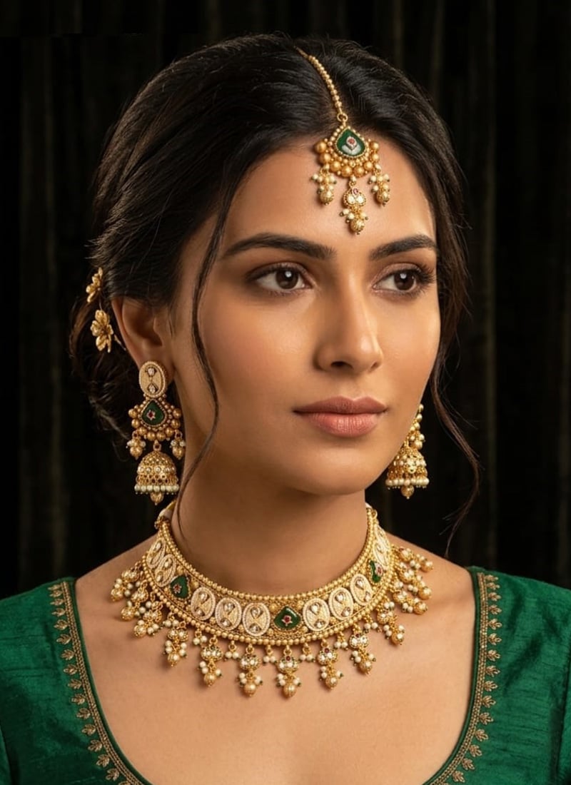 Golden Glow Kundan Pearl Beads Bridal Choker Necklace Set Wedding Wear