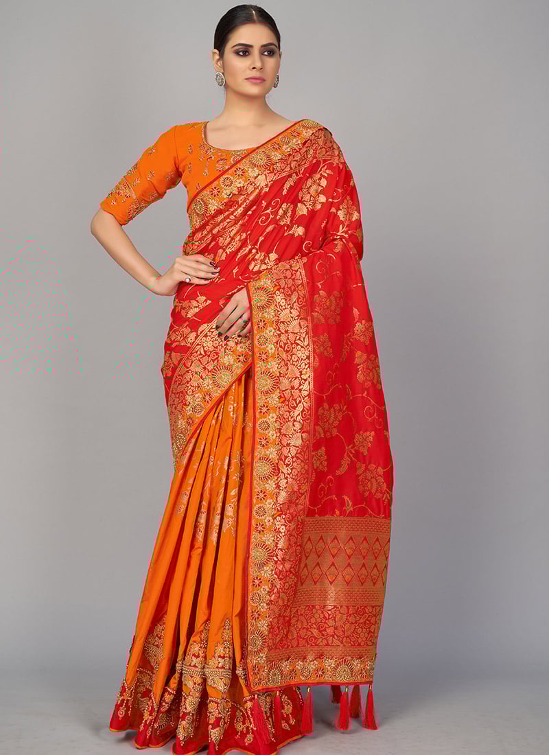 Golden Glow Red Banarasi Silk Zari Embroidered Saree Festive Wear