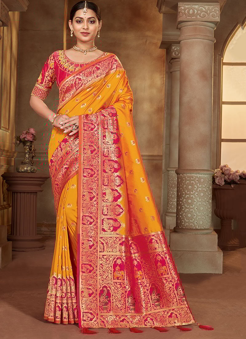 Golden Glow Yellow Silk Benarasi Zari Saree  Festive Wear