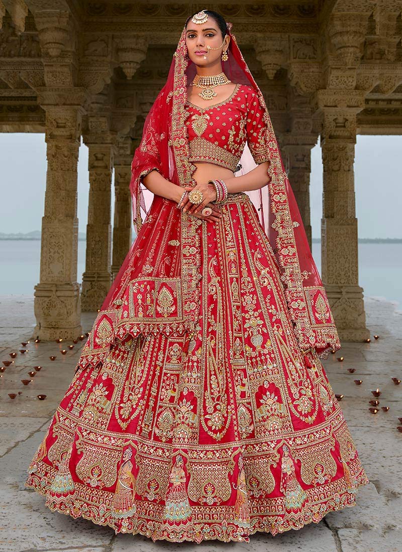 Golden Grace In Red Silk Zari Embroidered Stone Sequins Lehenga Wedding Wear