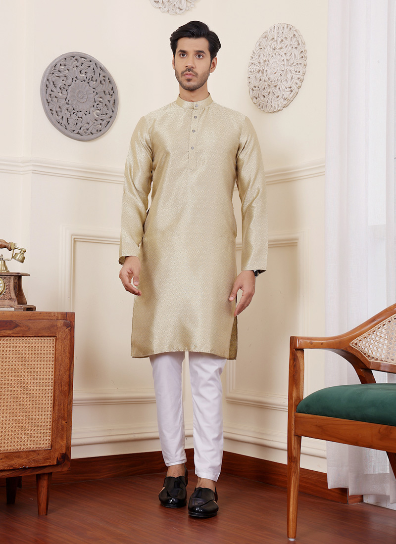 Golden Green Viscose Jacquard Kurta