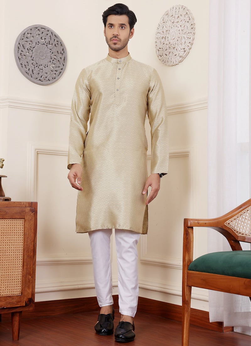 Golden Green Viscose Woven Jacquard Kurta Pyjama Festive Wear