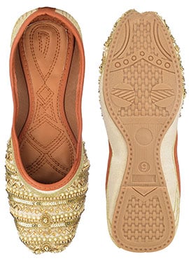 Golden Hand Embroidered Sequins With Moti And Stone Work Juti