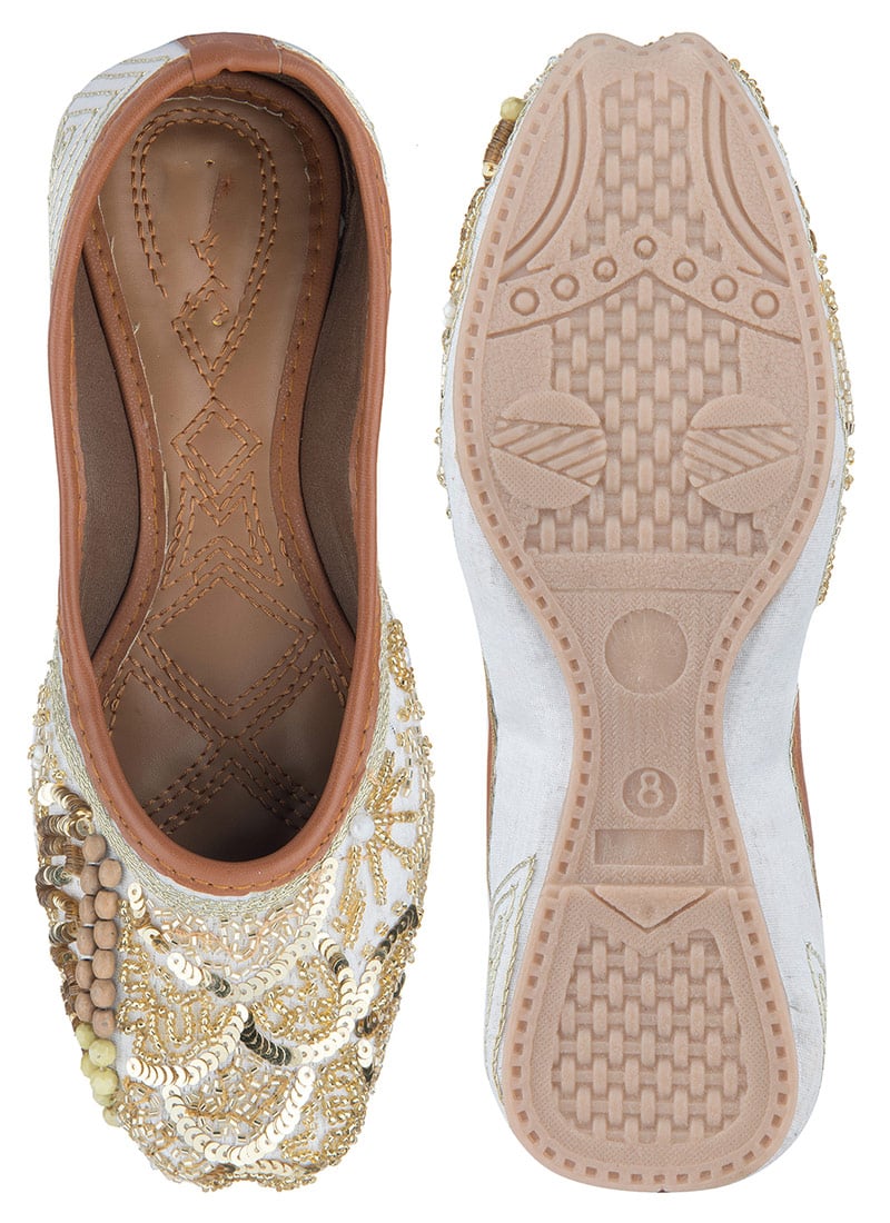 Golden Hand Embroidered Sequins With Moti Work Juti