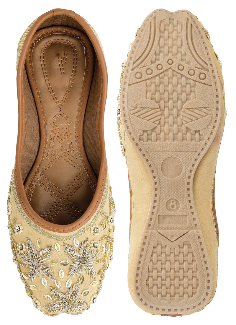 Golden Hand Embroidered Stone And Beads Work Juti