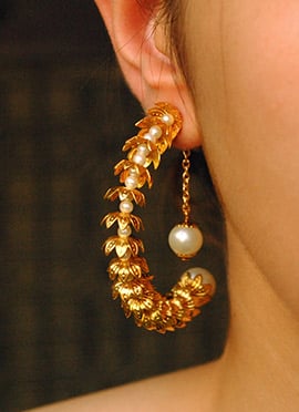 Golden Hoops With Moti Work