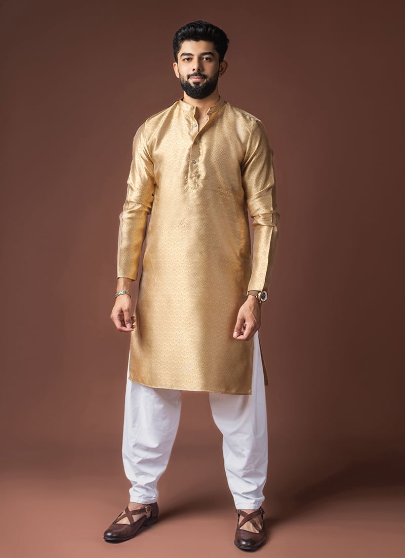 Golden Jacquard Silk Woven Kurta Pyjama Festive Wear