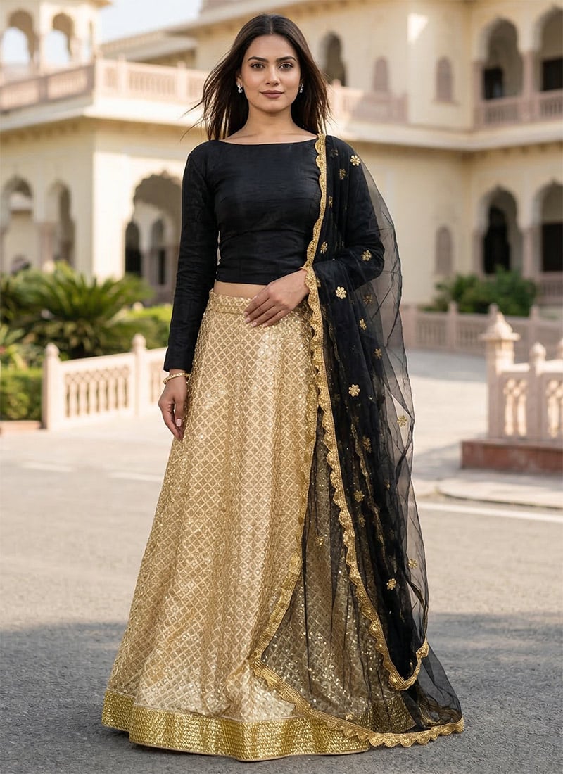Golden Kasturi Silk Sequins Zari Gota Work Lehenga Wedding Wear