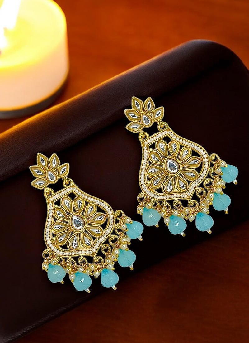 Golden Kundan And Beads Adorned Danglers Festive Wear