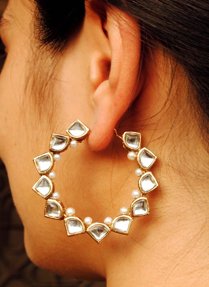 Golden Kundan And Beads Hoops