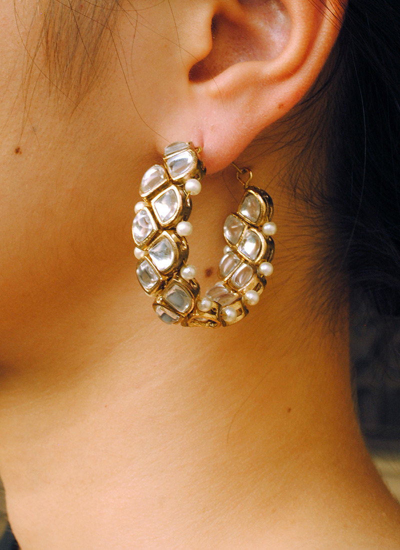 Golden Kundan And Beads Hoops