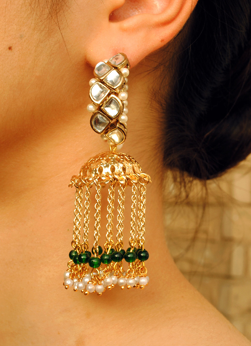 Golden Kundan And Beads Jhumka After Six Wear
