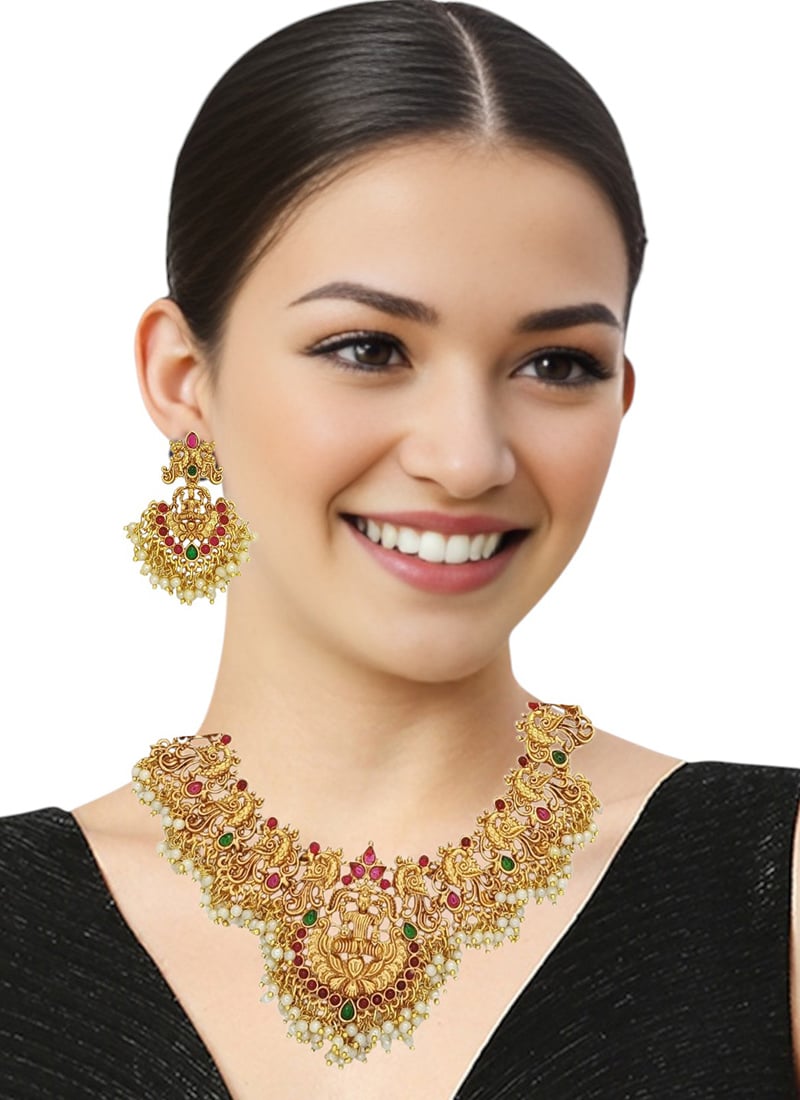Golden Kundan And Beads Lakshmi Design Necklace Set Festive Wear