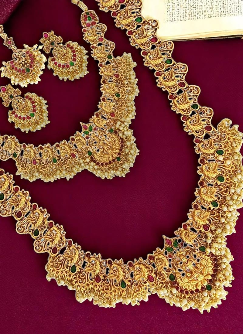 Golden Kundan And Beads Lakshmi Temple Design Necklace Set with Maangtikka Festive Wear