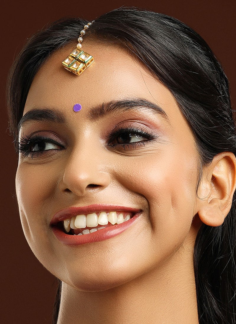 Golden Kundan And Beads Mangtikka Festive Wear