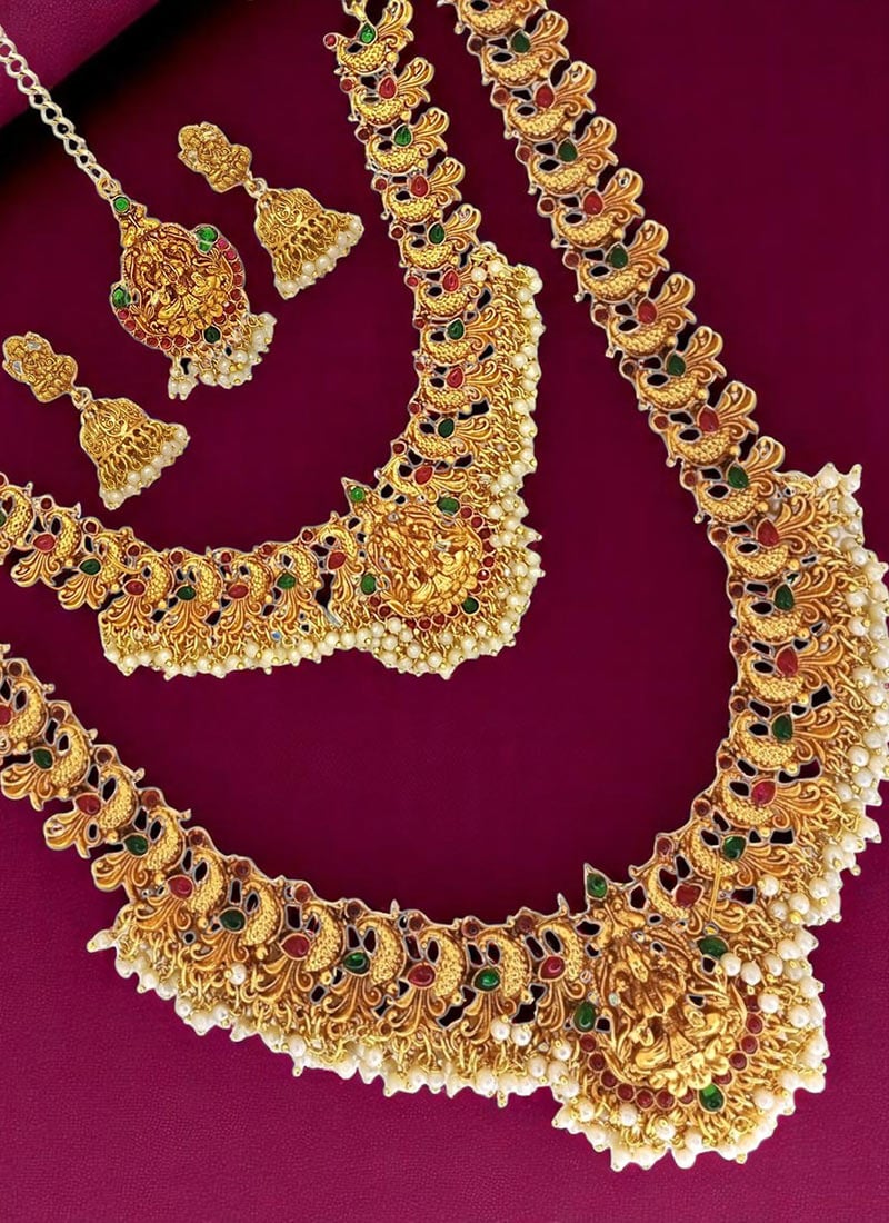 Golden Kundan and Beads Work Lakshmi Temple Design Necklace Set With Maangtikka Festive Wear