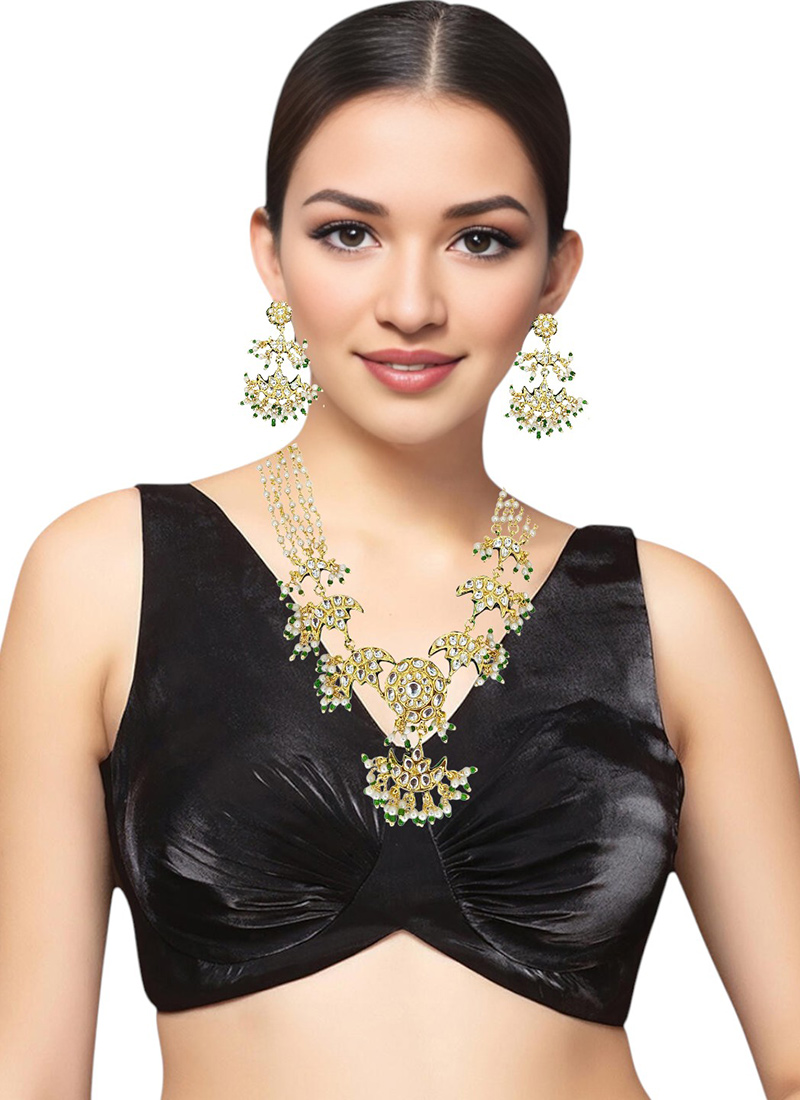 Golden Kundan And Beads Work Necklace Set Festive Wear
