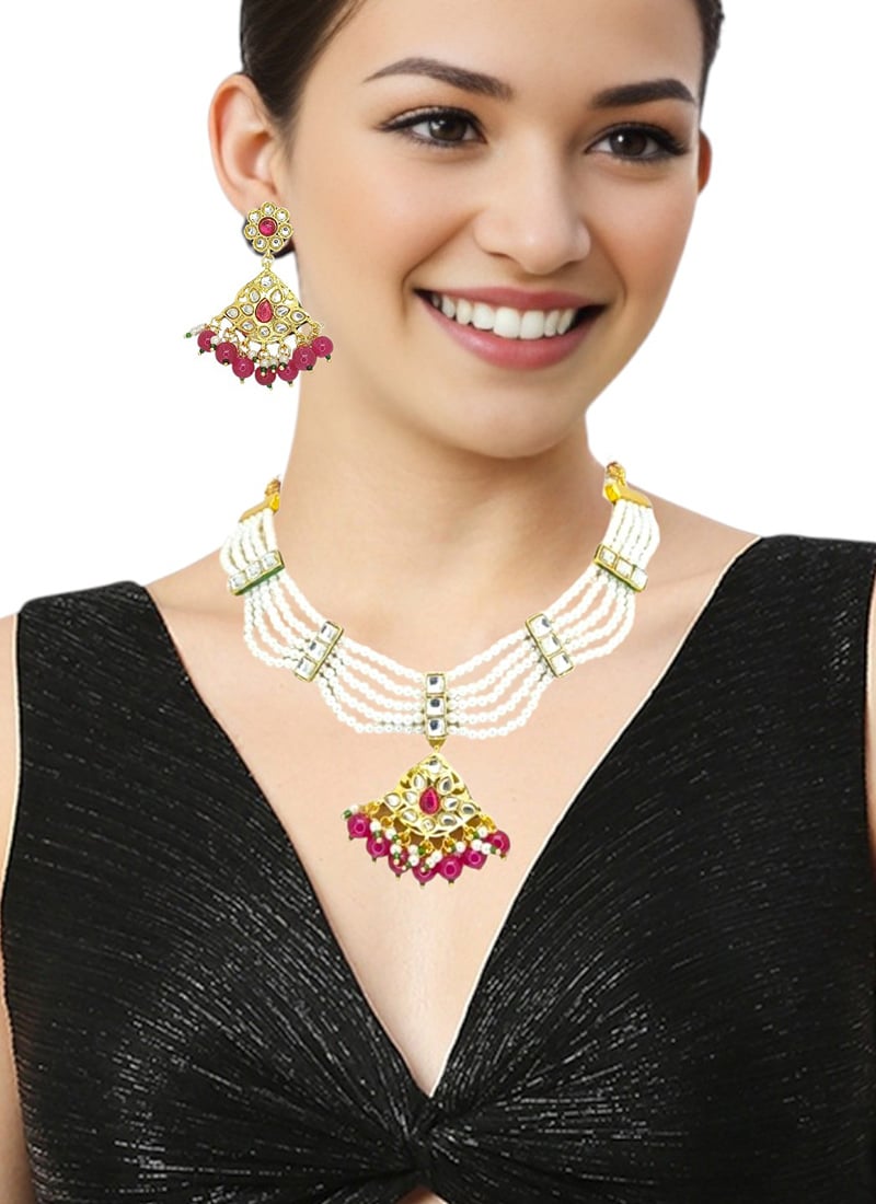 Golden Kundan And Beads Work Necklace Set Festive Wear