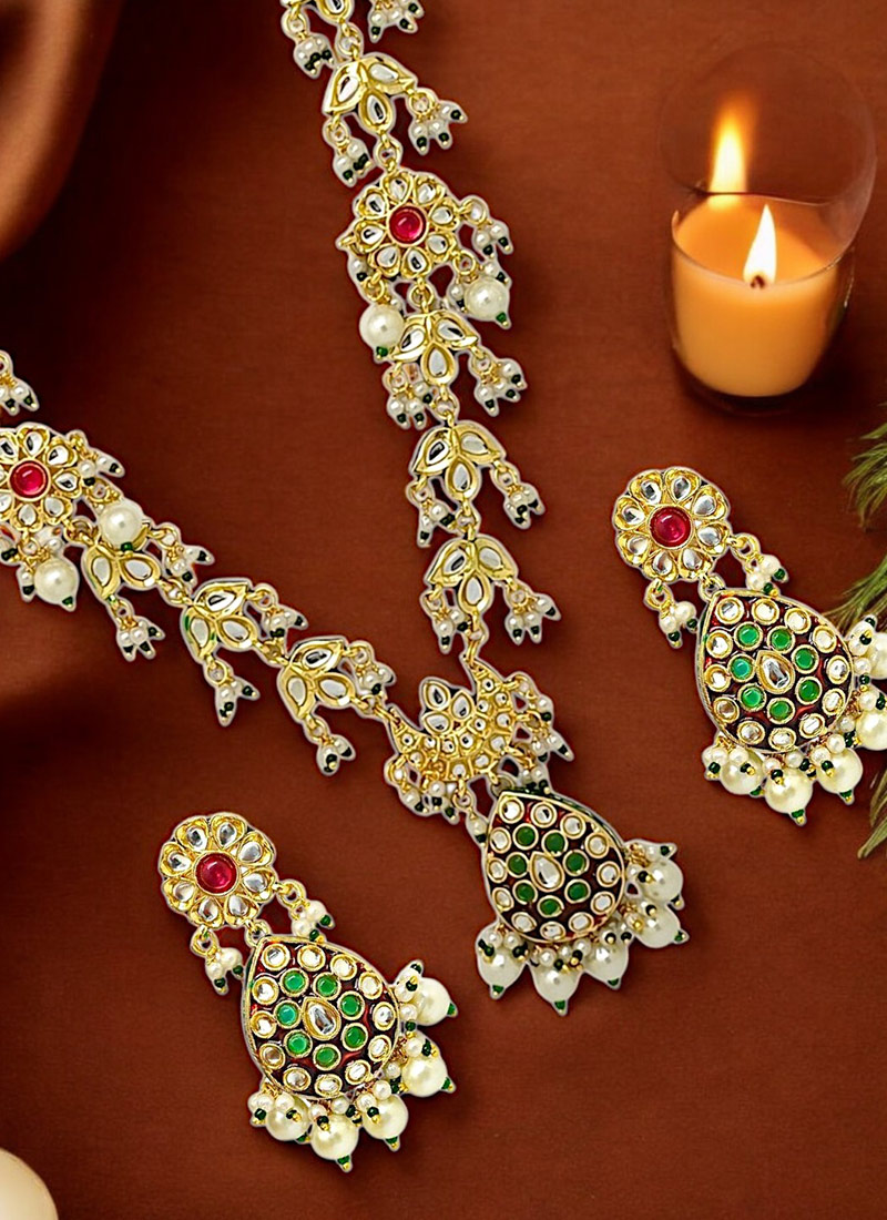 Golden Kundan And Beads Work Necklace Set Festive Wear