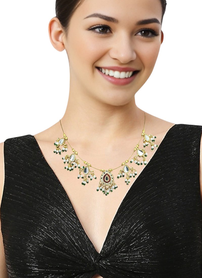 Golden Kundan And Beads Work Necklace Set Festive Wear