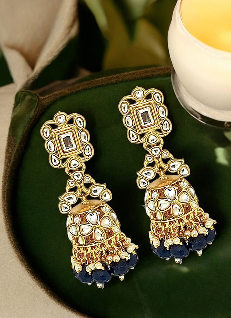 Golden Kundan And Moti Adorned Jhumkas Festive Wear