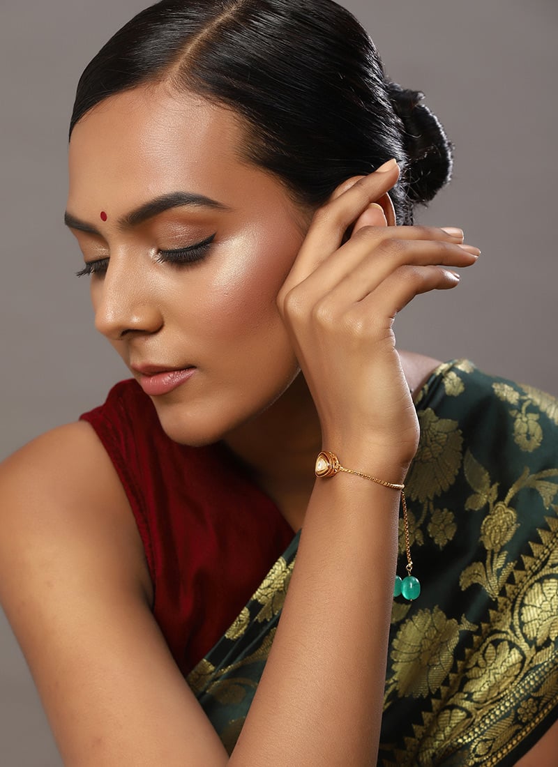 Golden Kundan And Moti Bracelet After Six Wear