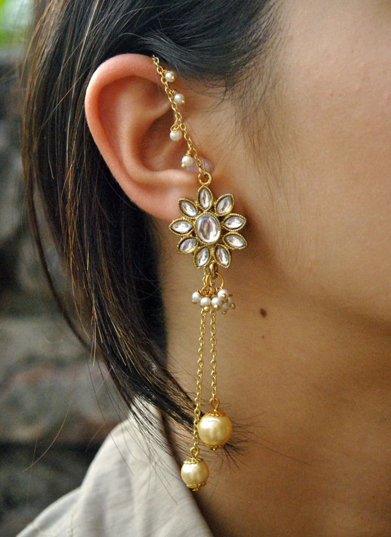 Golden Kundan And Moti Danglers