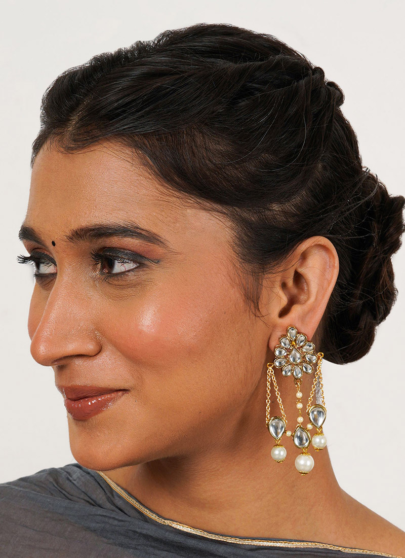 Golden Kundan And Moti Danglers After Six Wear