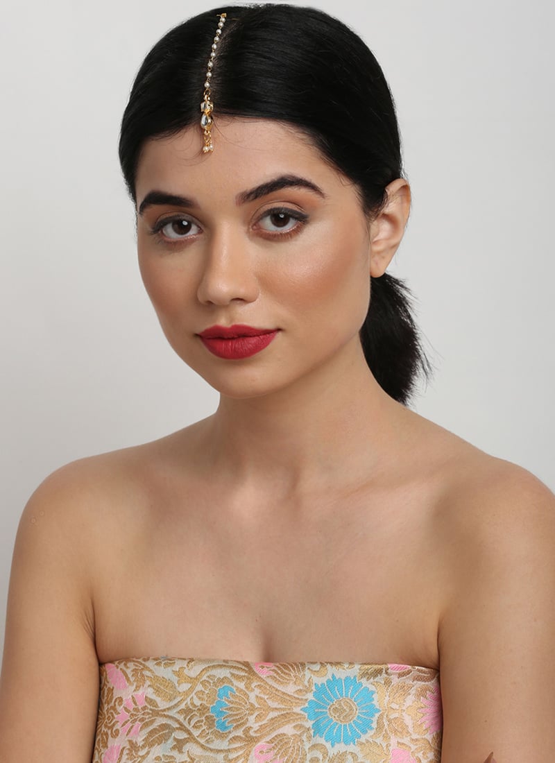 Golden Kundan And Moti Mangtikka Festive Wear