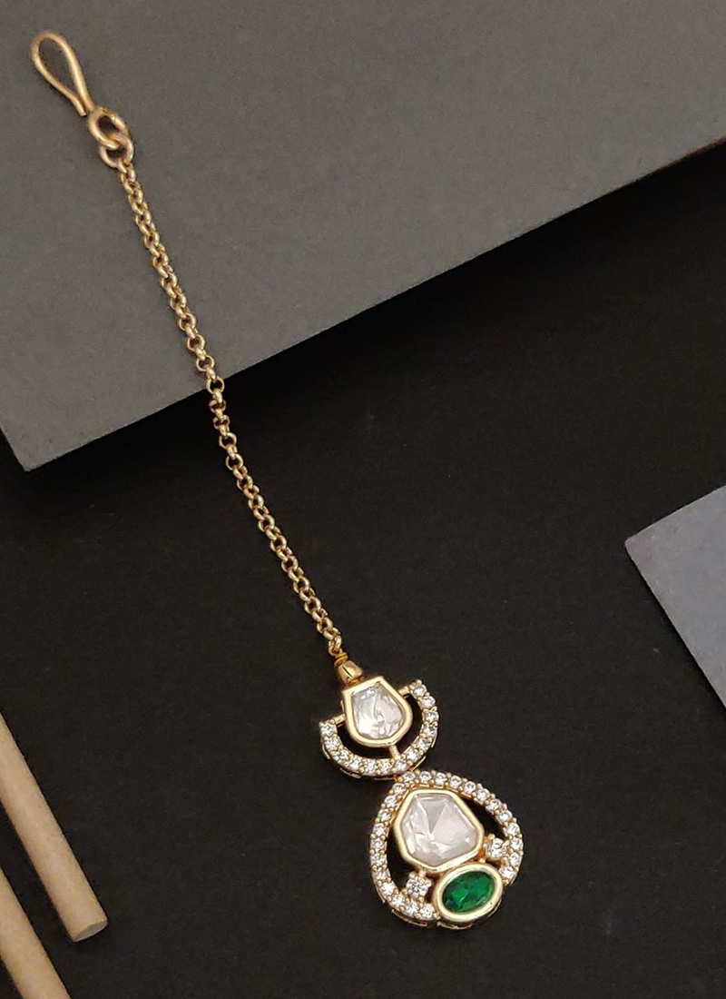 Golden Kundan And Stone Dazzling Mangtikka  Festive Wear