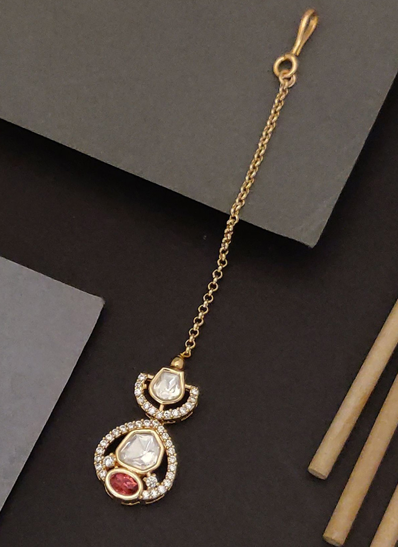 Golden Kundan And Stone Elegant Mangtikka  Festive Wear