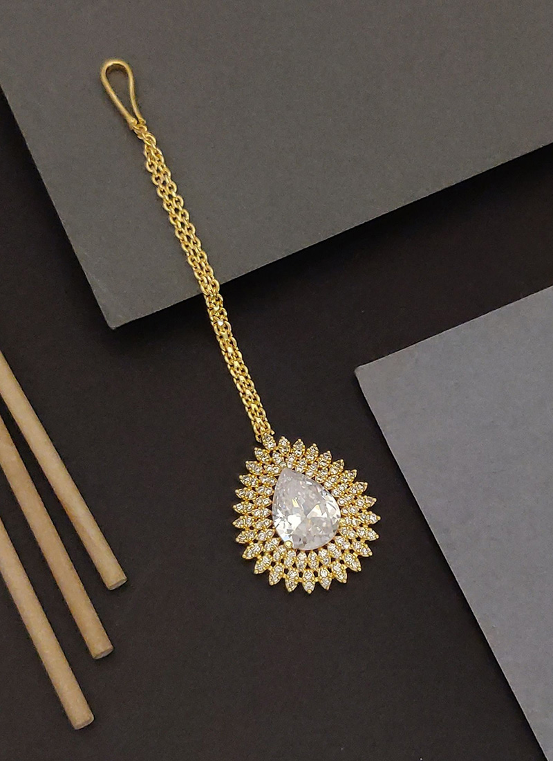 Golden Kundan And Stone Stunning Mangtikka  Festive Wear