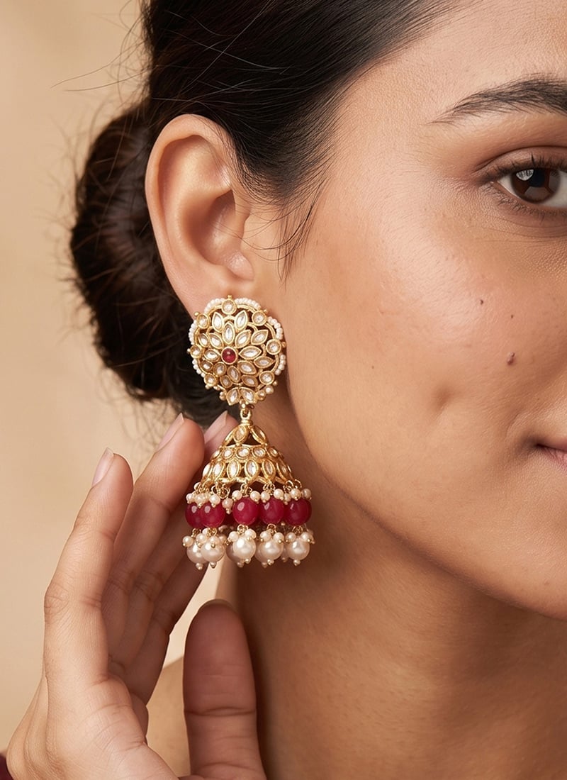 Golden Kundan Bead Pearl Jhumka Earrings After Six Wear