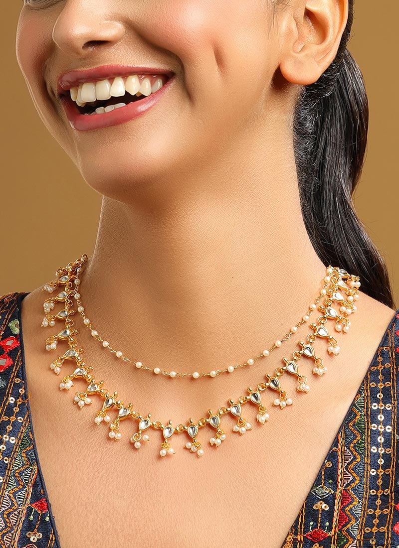 Golden Kundan Beaded Necklace Festive Wear