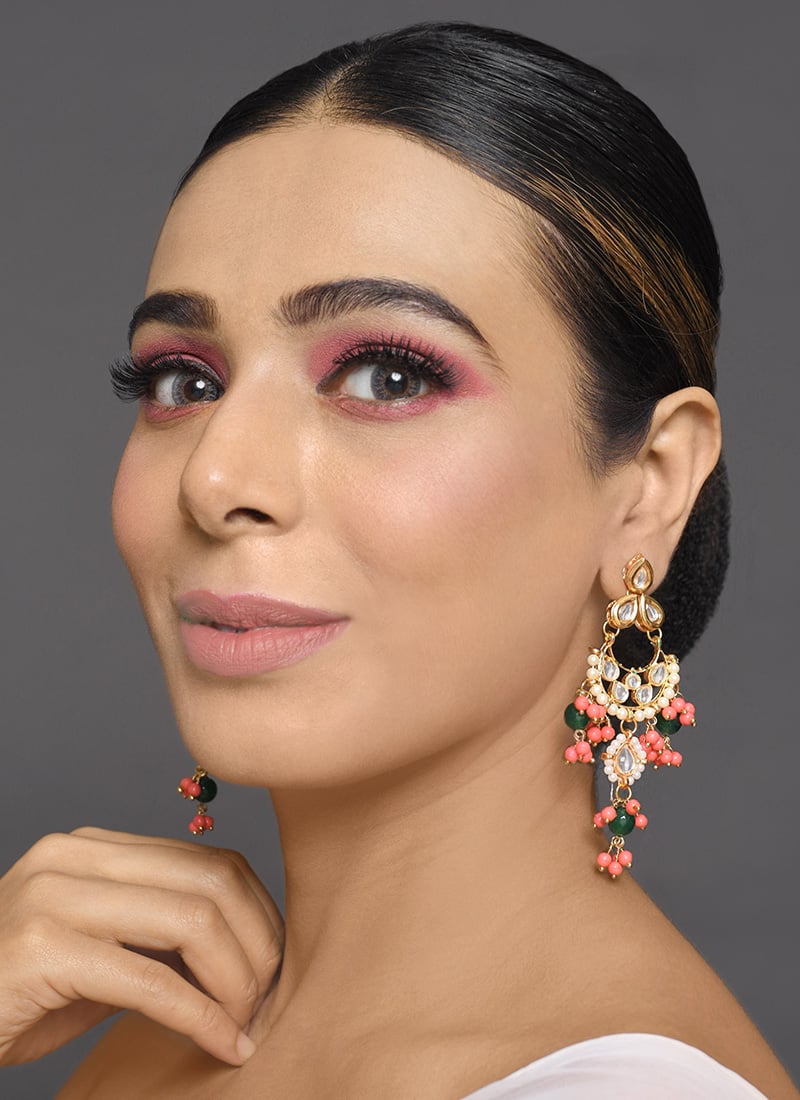 Golden Kundan Beads Meenakari Danglers Wedding Wear