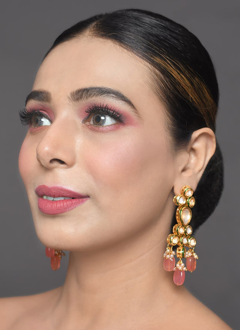 Golden Kundan Beads Meenakari Danglers Wedding Wear