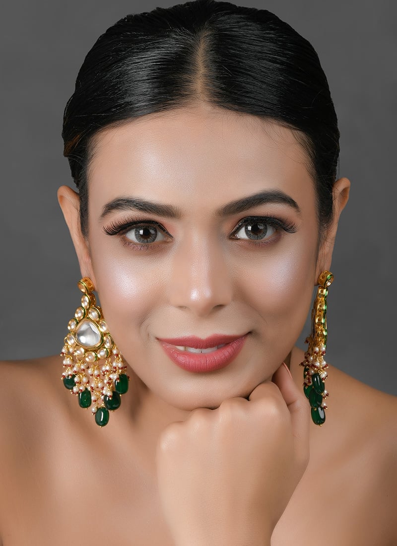 Golden Kundan Beads Meenakari Danglers Wedding Wear