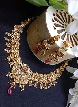 Golden Kundan Beads Pearl Bridal Necklace Set